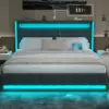 Queen Bed Frame with Adjustable Headboard & LED Lights, Upholstered Platform Bed Frame Queen Size with Type-C, Dark Grey 1