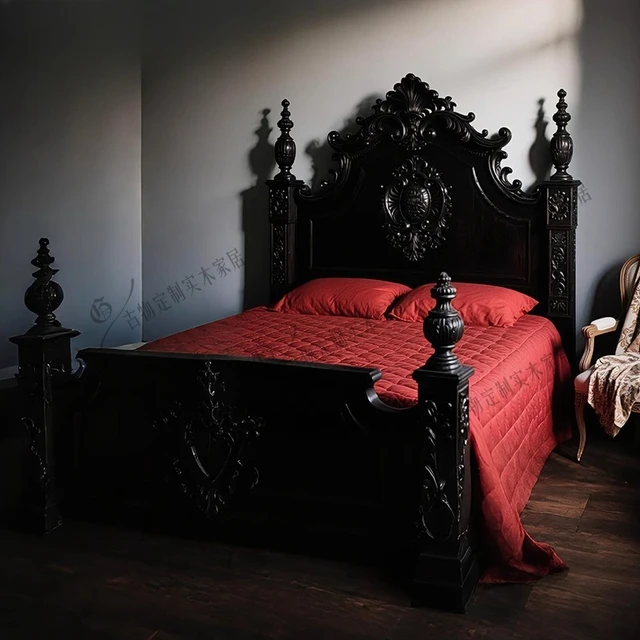 Neoclassical black retro bed/French light luxury solid wood double bed/Chinese carved bed/master bedroom wedding bed/custom 1 Neoclassical black retro bed/French light luxury solid wood double bed/Chinese carved bed/master bedroom wedding bed/custom 1