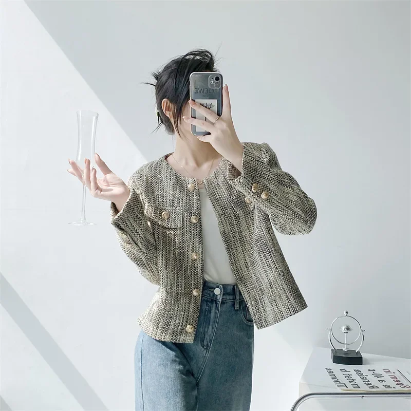 2024 Spring New Tweed Women Elegant Coat Multi-colored Woven Wool Jacket Single Breasted Round Neck Socialite New Outerwear spring autumn 2024 new women elegant tweed cardigan short coat with pocket single breasted jacket for women loose outwear