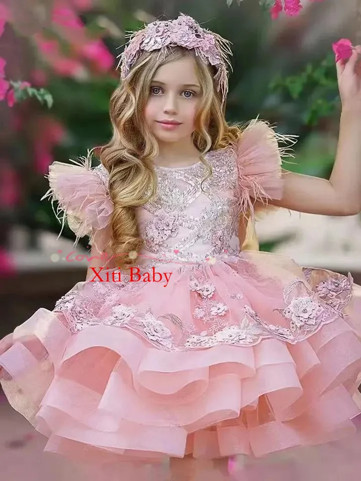 Glitter Appliqued Flower Girl Dress Ruffles Scoop Neck Feather
