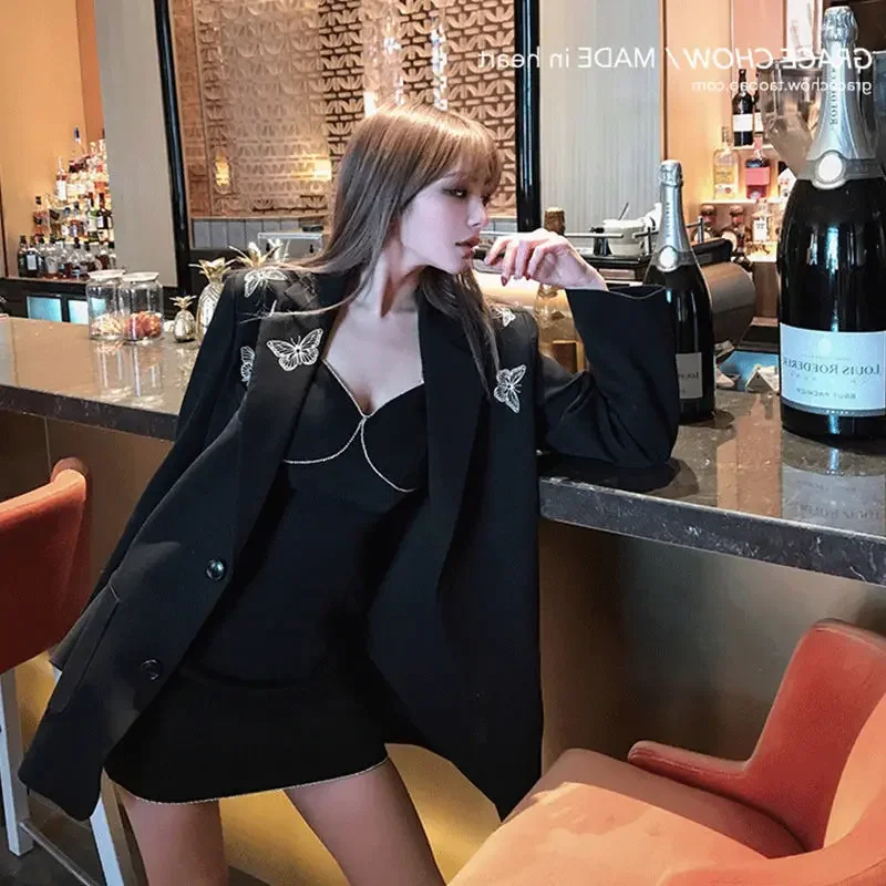 2023 Black Solid Elegant Temperament Vintage Blazer Coat Loose Jacket Streetwear Y2k Aesthetic Bufferfly Harajuku Women Jackets