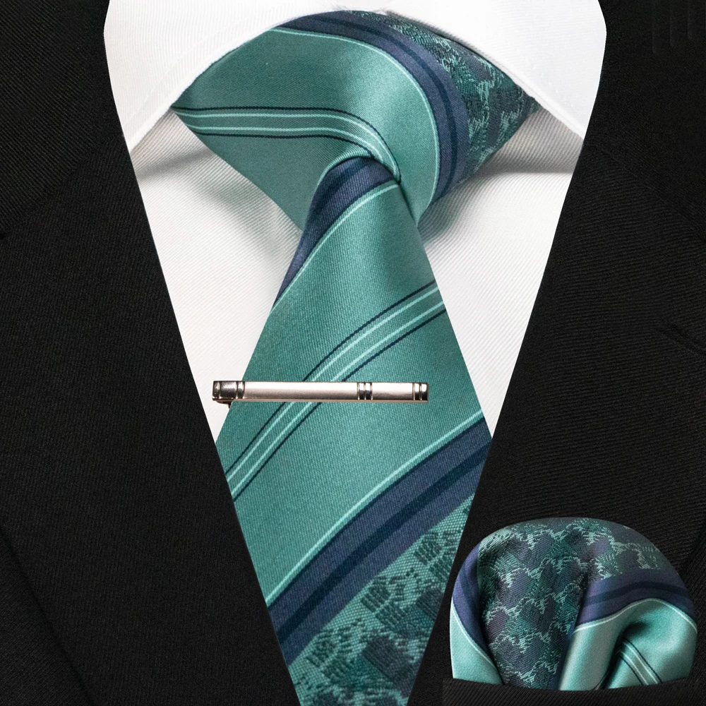 JEMYGINS Business Tie for Men Silk Navy Blue Tie Striped Paisley Necktie Handkerchief Tie Clips Set for Wedding Party Gift