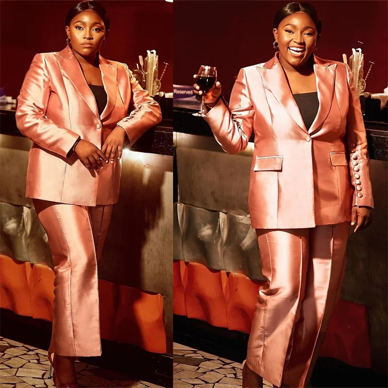 

Plus Size Satin Women Suits Sets 2 Pcs Pink Blazer+Pants Custom Made Formal Mother of the Bride Party Prom Dress