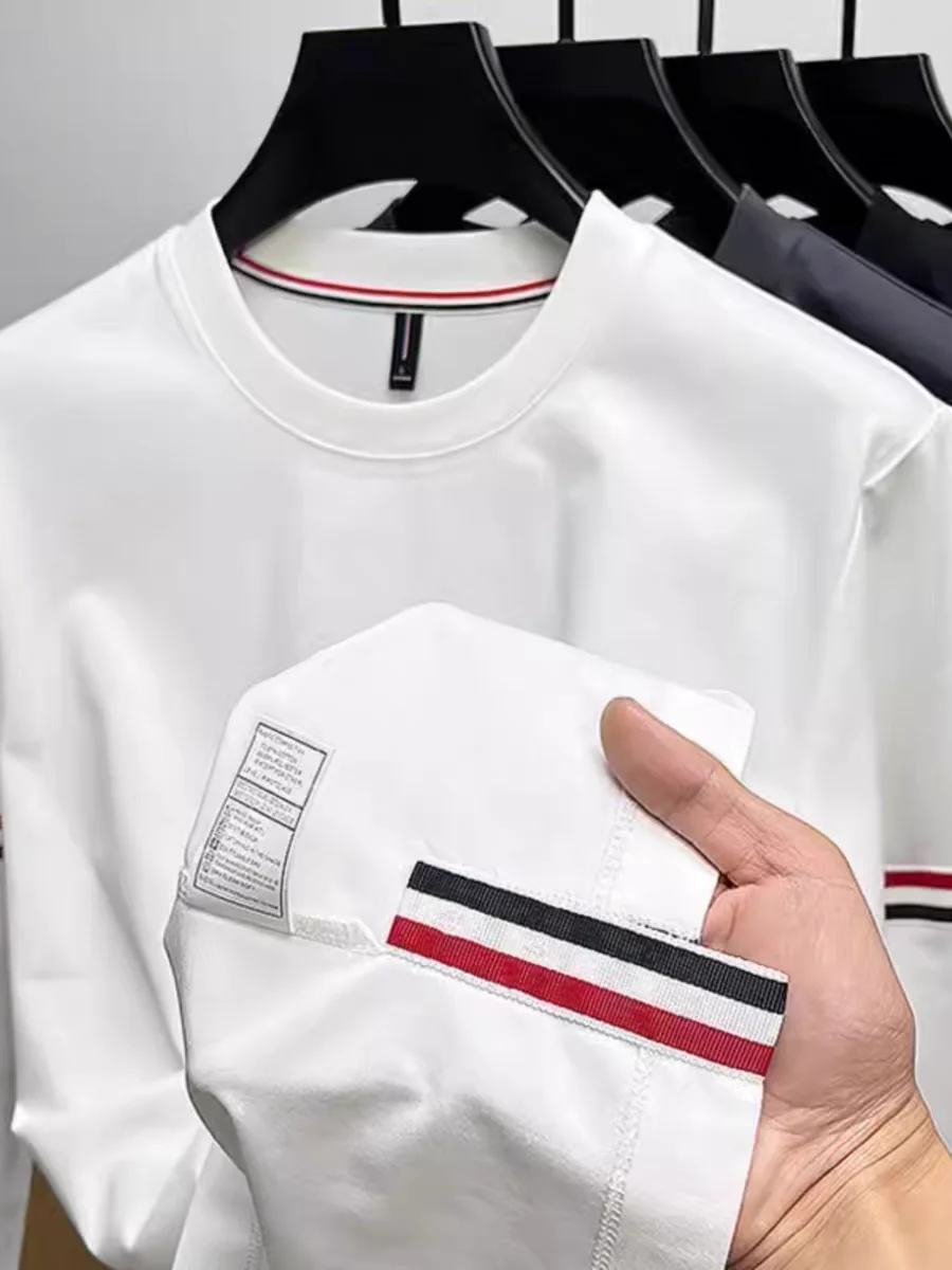 Camiseta de lujo de gama alta para hombre, ropa informal con cinta de algodón puro 2024, Media manga, dobladillo dividido, moda británica, novedad de verano 100