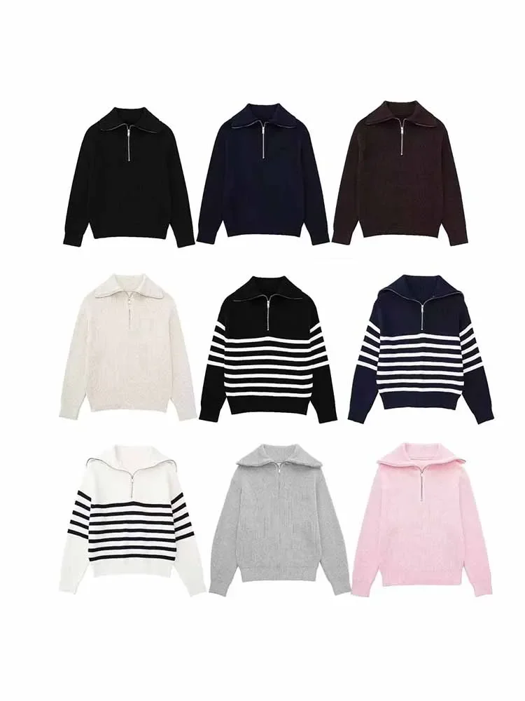 

Women Autumn New Fashion Half zipper decoration Striped lapel wool blend Knitted Sweater Long Sleeve Female Pullovers Chic Tops