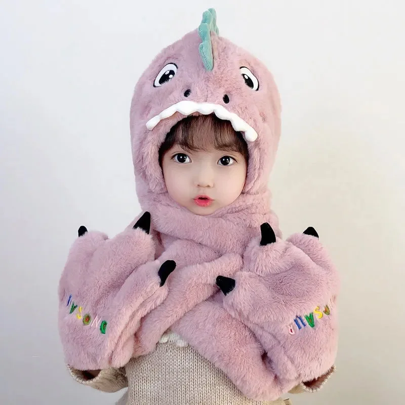 Children's Hat Winter Boys and Girls Baby Winter Warm Cute Dinosaur Plush Neck Scarf One Piece Set