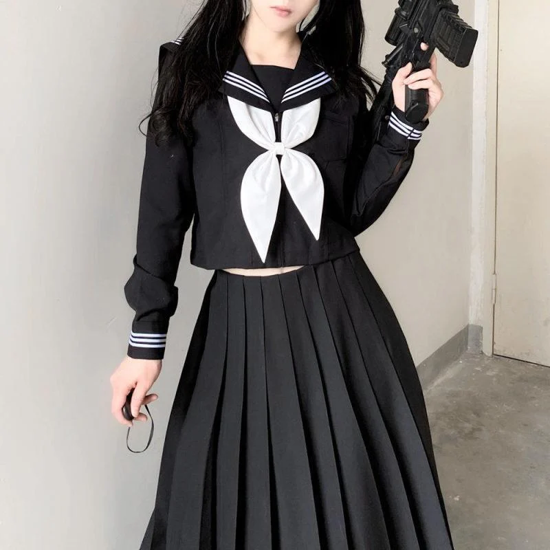 Japanese School Uniforms Style Student Girls Navy Costume Women Sexy Black JK Long Dress Suit Sailor Blouse Pleated Skirt Set japanese school uniform japanese schoolgirl skirt japanese women dress