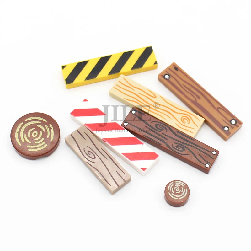 50pcs Moc Tile 1x4 1x3 Tablet with Wood Grain Danger Stripes Pattern DIY Building Blocks Bricks Compatible with