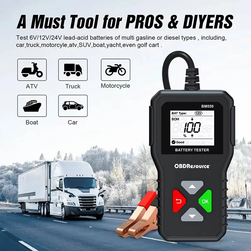 OBDResource BM550 Car Battery Tester 100-2000 CCA 6V 12V 24V Car Battery Analyzer Auto Battery Detection Diagnostic Tool