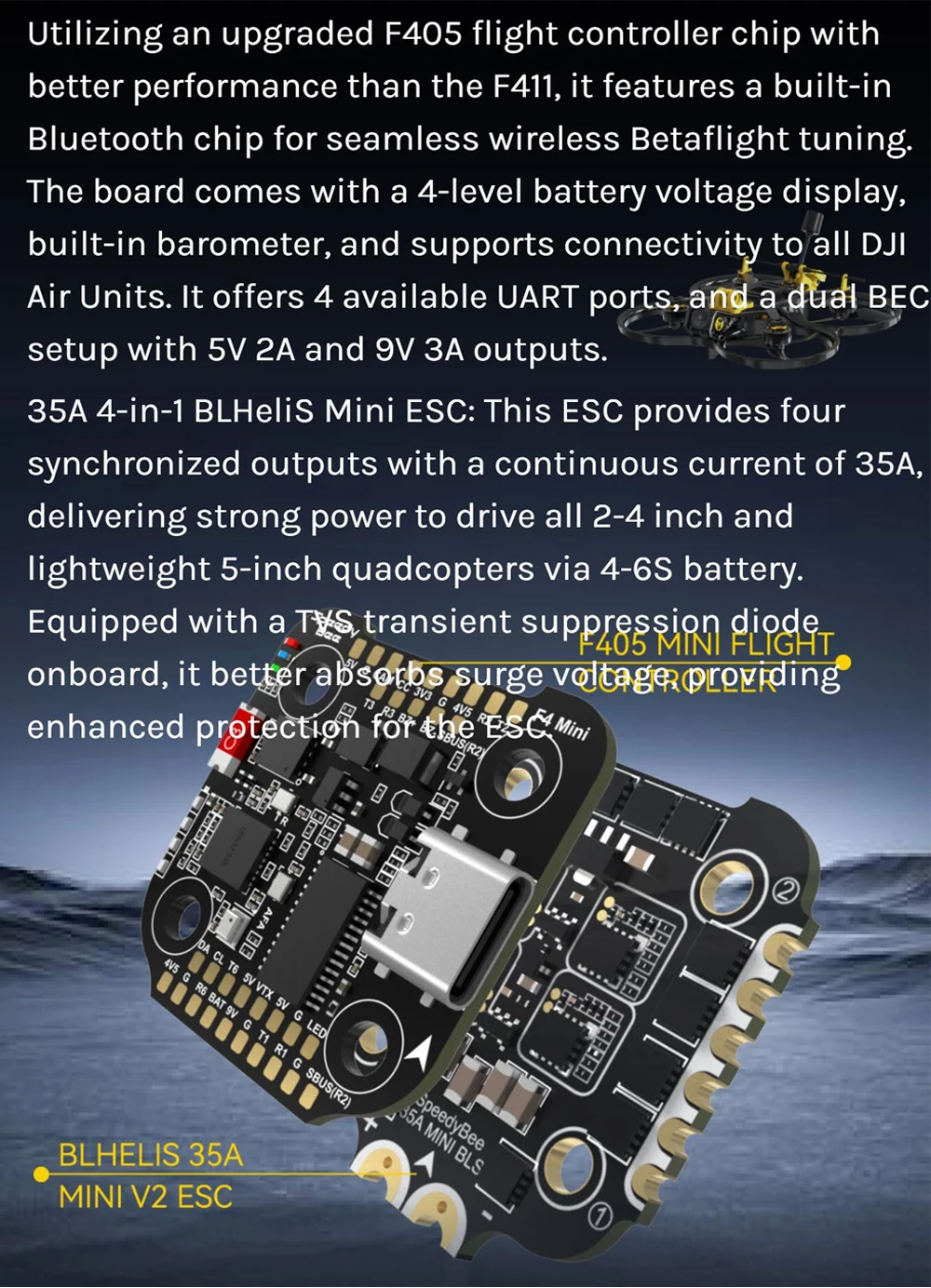 Description Picture 6 of itemSpeedyBee F405 Mini BLS 35A 20x20 Stack. F405 30x30 Mini Flight Controller, 35A BLHeli_S Mini 4-in-1 3-6S ESC For RC FPV Drone