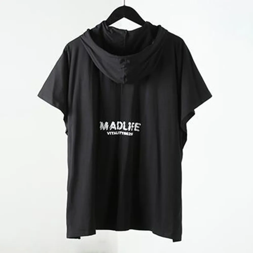 Mens Casual Letter Printed Hooded Cape Genderless 2024 New Fashion Streetwear Personalized Versatile Short Sleeve Top Unisex