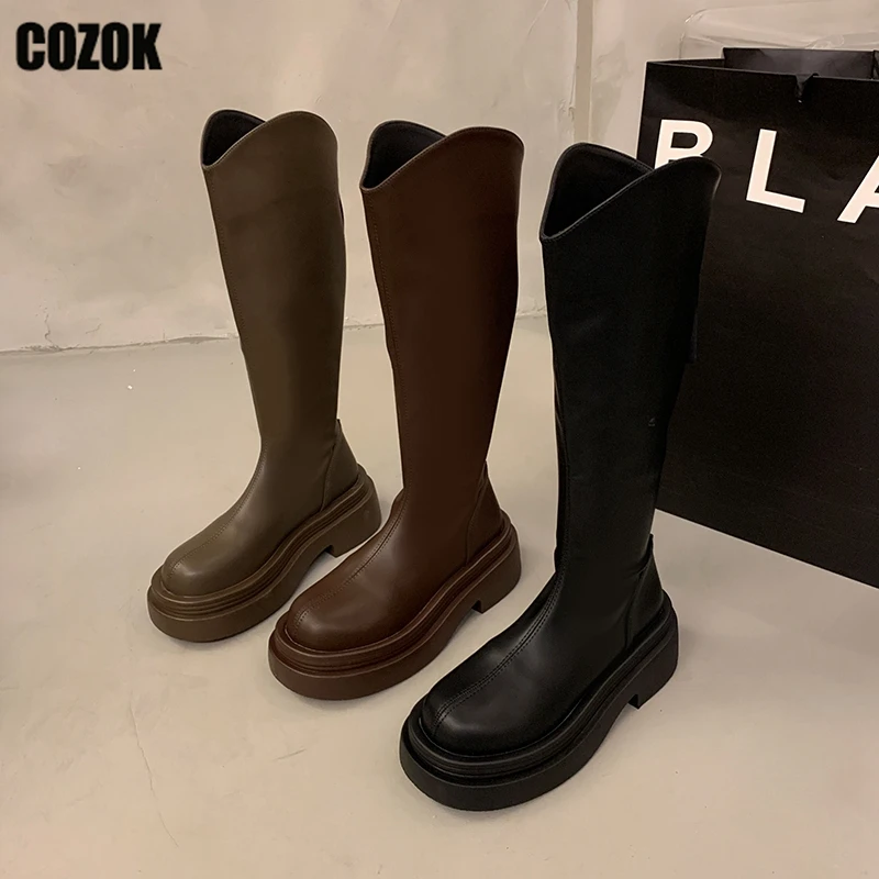 

Knight Knee High Boots Women Thick Sole 2023 New Solid Classic Female Fashion Back Zip Platform Flats Ladies Shoes Autumn Winter