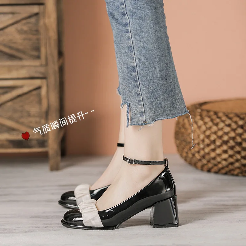 Luxury Women Shoes Square Toe Mary Janes Shoes Square Heel Dress Shoes Lace Buckle Pumps High Heels Party Wedding Women Shoes