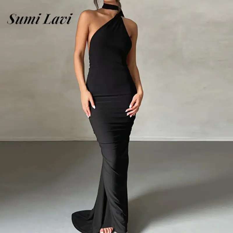 

Sexy One Shoulder Skinny Party Dress Fashion Sleeveless Backless Hip Wrap Dress Elegant Ladies Solid Color Cloak Fishtail Dress