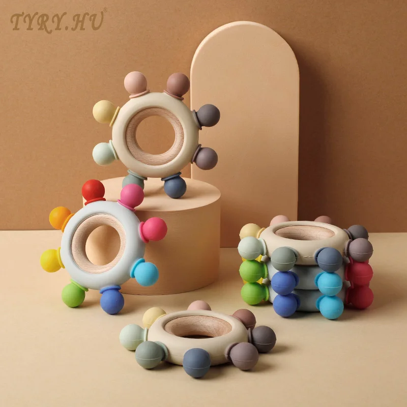 Baby Wooden Teether Ring Set Wooden Silicone Teether Set Wood Silicon Baby Teether Baby