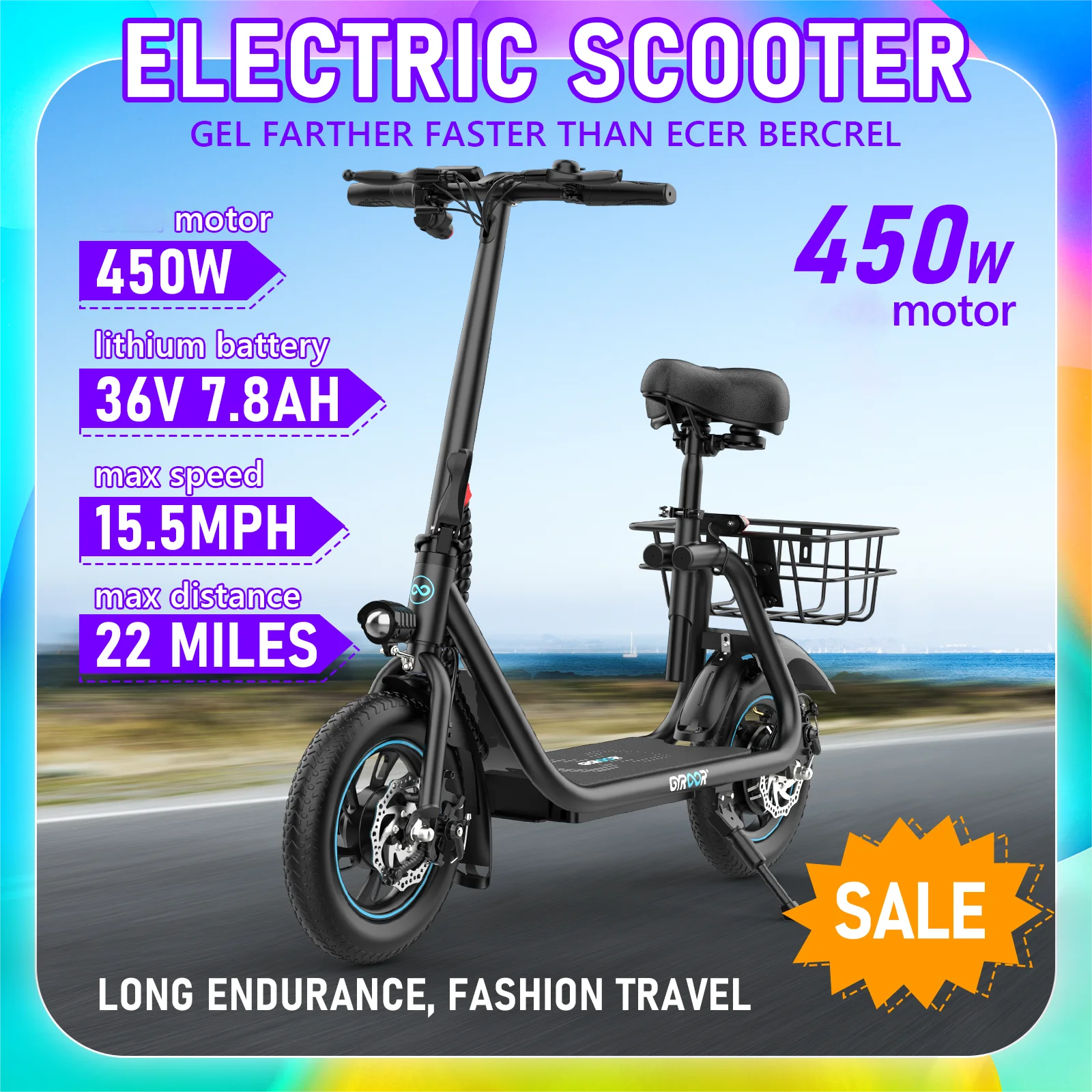 Gyroor 450W Electric Scooter with Seat for Adult, 12 inch Commuter Electric Scooter with Basket-up to 21 Miles 15.5MPH