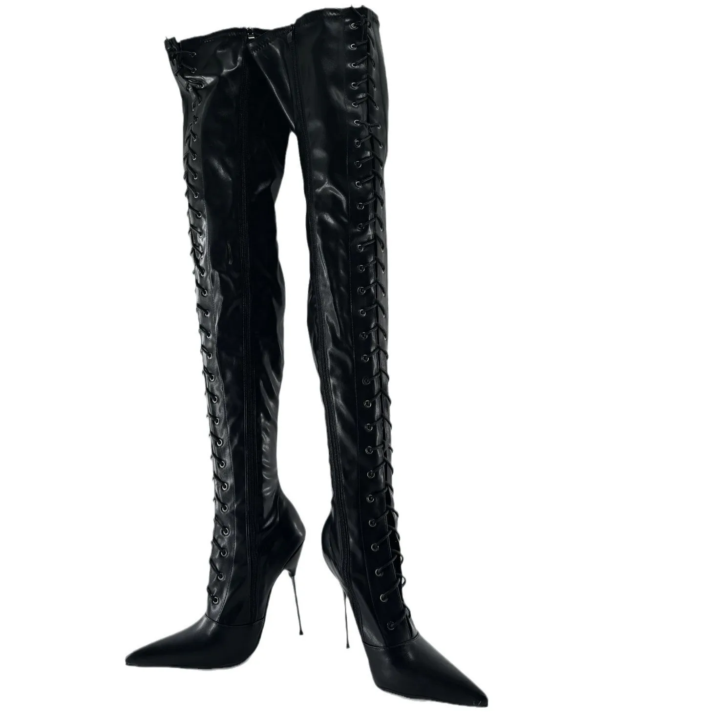 European and n sexy long pointed high-heeled over-the-knee boots shiny thin-heeled thigh boots steel pipe dancing shoes large si