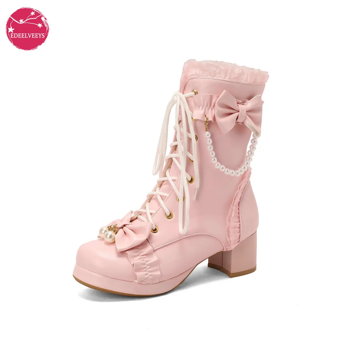 Sweet Princess Fairy Girl Bow Lace White Cream Pink High Heels Boots