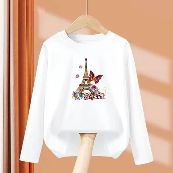 Girls New Autumn Clothes Paris Eiffel Tower T-shirt Long sleeved Cotton Tops Little Girl Butterfly Party Tees 1
