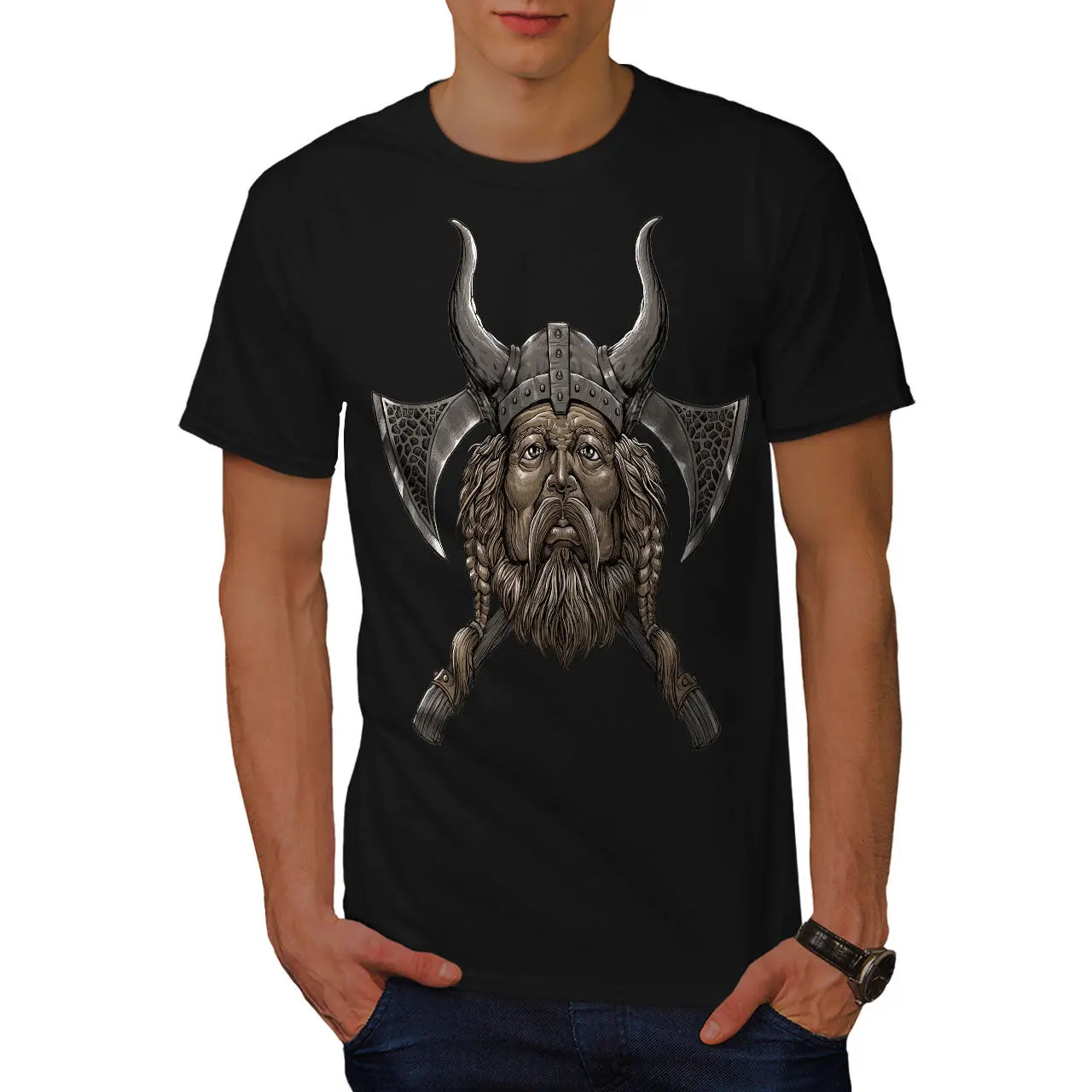 

Vi kings Warrior Crossed Axe Graphic T Shirt. 100% Cotton Casual Short Sleeve T-shirts Loose Top Harajuku Streetwear