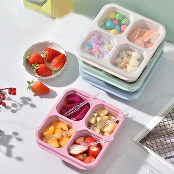 Boîte à lunch réutilisable à 4 compartiments avec couvercle, boîte à bonbons aux noix Dim Sum, paille de blé, collation à quatre grilles, beaucoup de préparation de repas 1