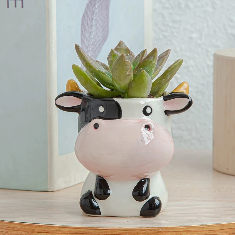 Nordic New Style Ceramic Animal Flower Pot Cartoon Zebra Sheep Cow Head Mini Pot Succulents Plants Bonsai Pots Home Decoration 4