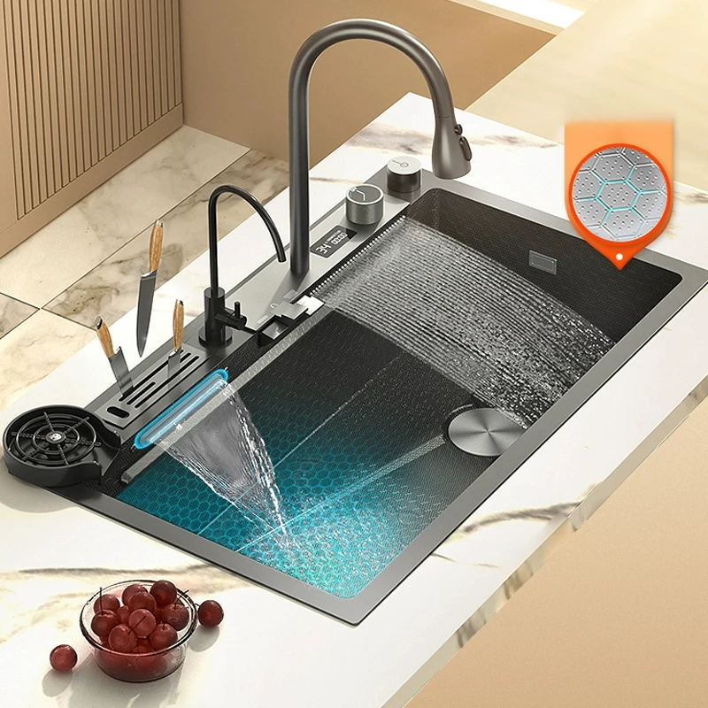 Stainless Steel  Waterfall Kitchen Sink Large Single Slot Digital Display Faucet Set Cup Washer Vegetable And Dishwashing Sinks 4