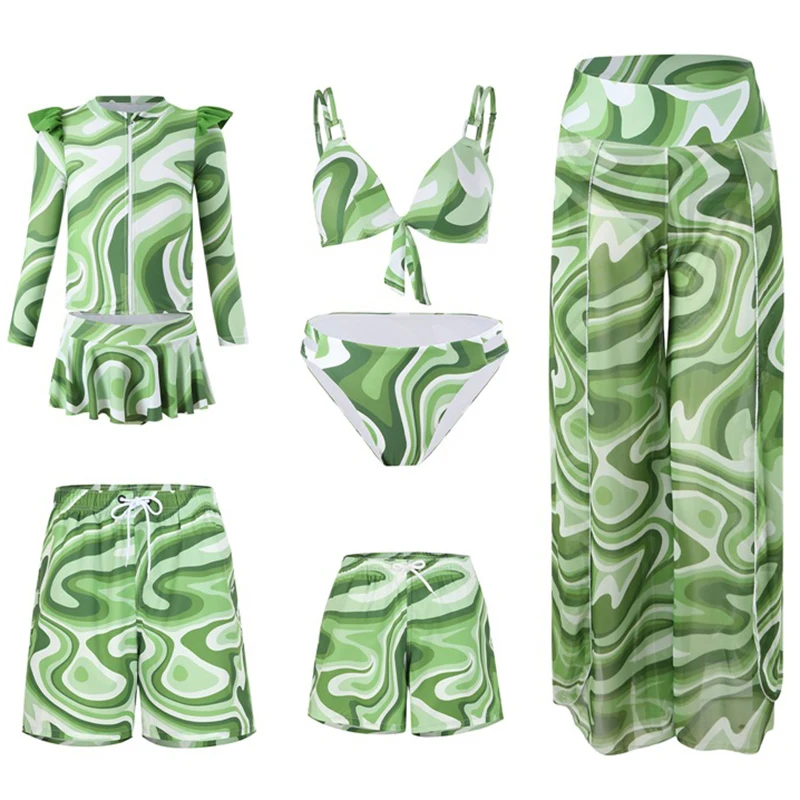 Leaf Print Swimwear Family Matching Outfits Look Mother Daughter Bikini Swimsuits Mommy and Me Clothes Dad Son Swimming Trunks 2