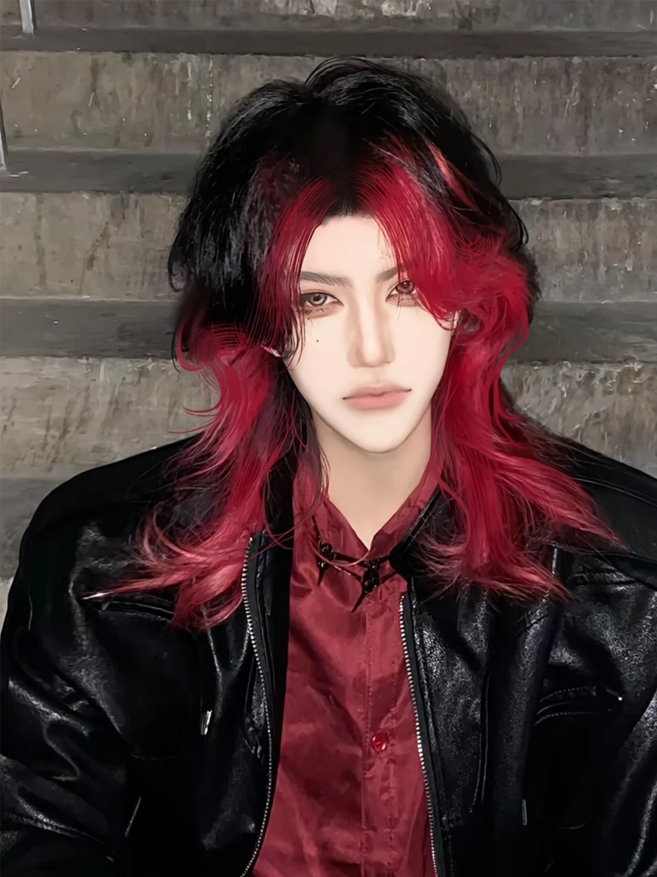 XIYUE Synthetic Lace Front Wig Men Female Short Hair Black red wolf tail color matching Handsome Korean Natural Fluffy Net Red synthetic wig