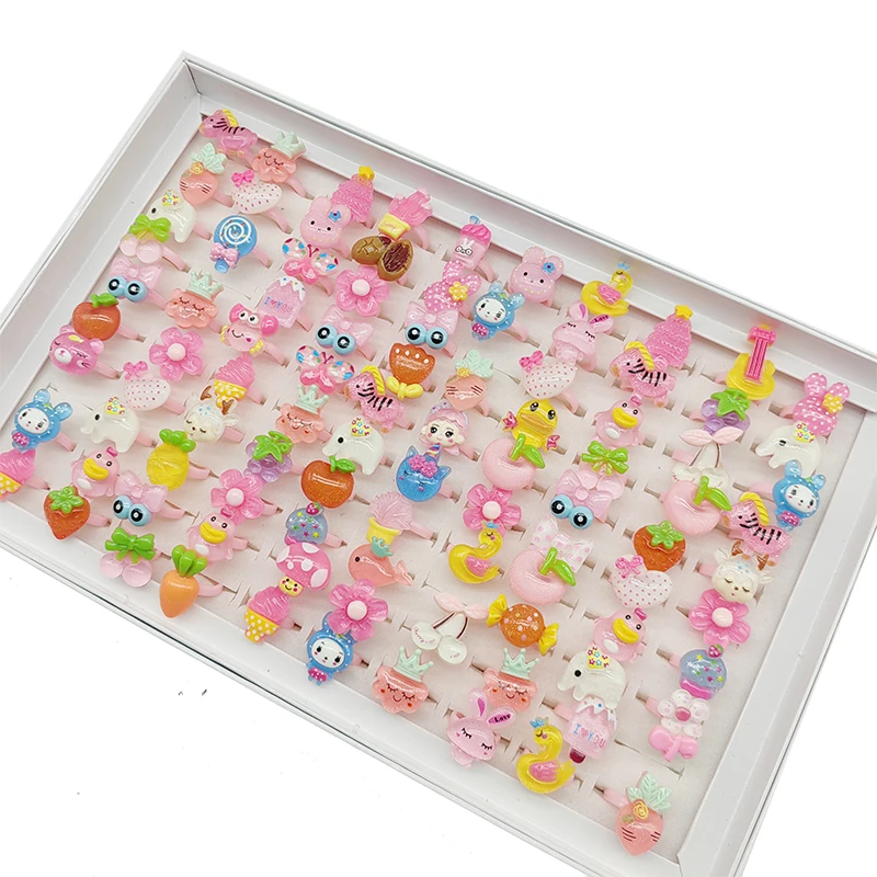 50/100pcs/Lot Factory Mix Style Lovely Child Finger Rings for Children Open Adjust Design Resin Apple Cute Rabbit Ice Cream Kids 4