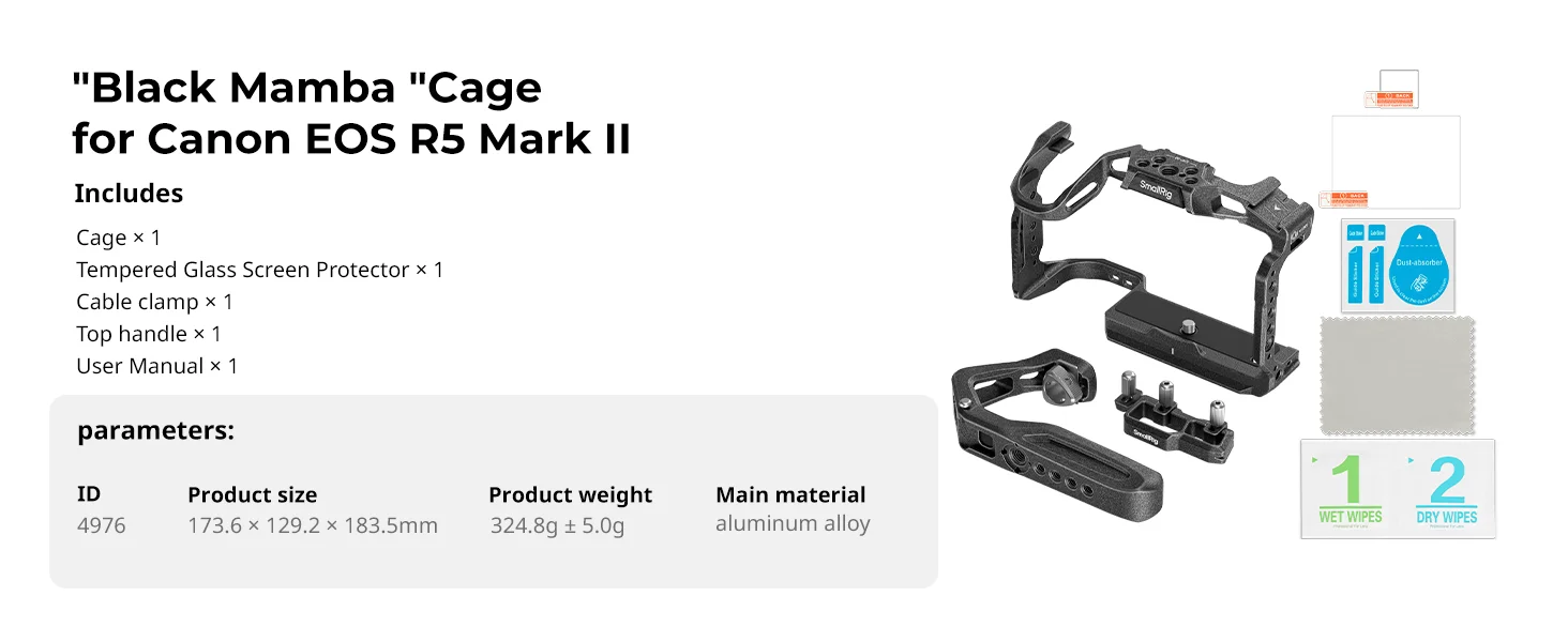 R5 Mark II "Black Mamba" Camera Cage for Canon EOS R5 Mark II, with Cold Shoe Qu