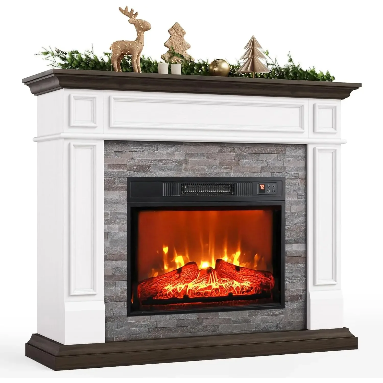 44 Inches Electric Fireplace with Mantel, Portable Freestanding Wood Stove Heater, Realistic 3D Dancing Flame Effect,White&brown 3