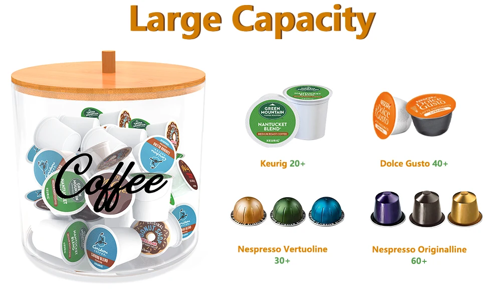 Description Picture 6 of itemCoffee Capsule Storage Box With Bamboo Lid Acrylic Capsule Container Coffee Pod Holder Coffee Filter Organizer For Kitchen