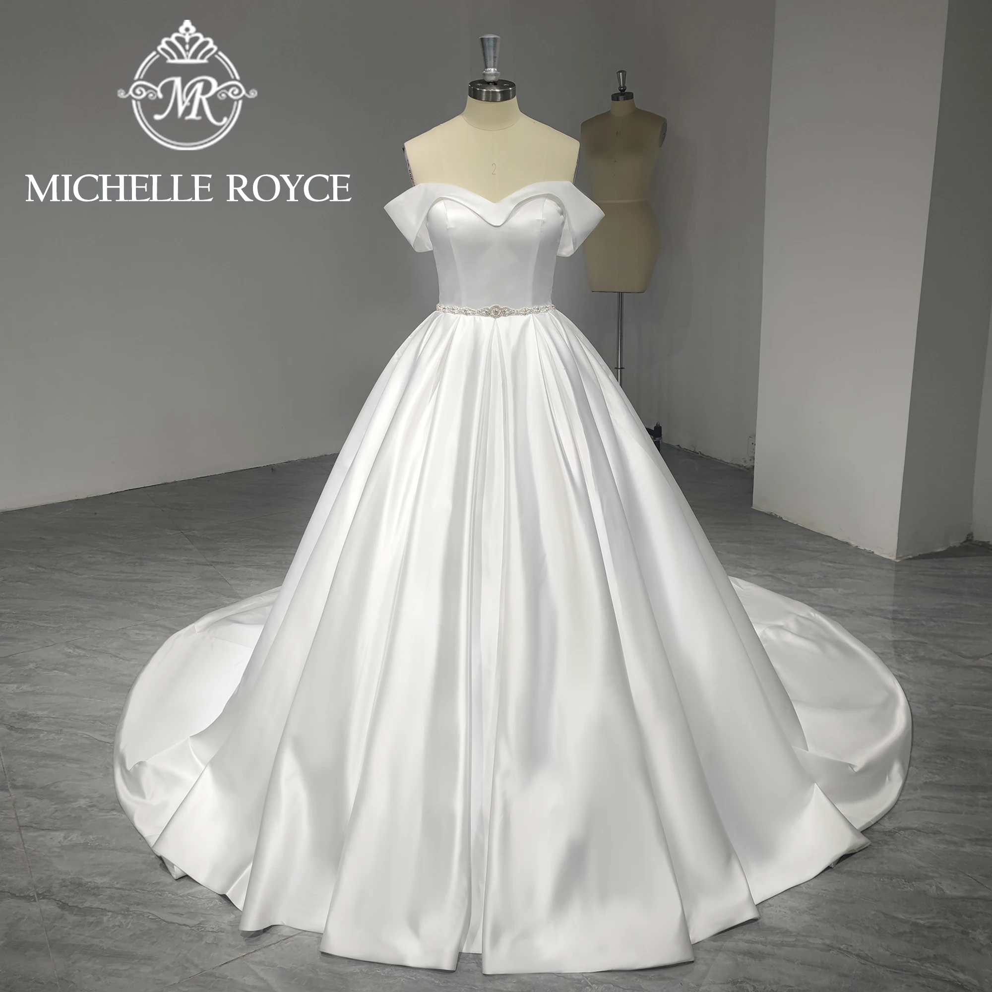 

Michelle Royce Ball Gown Stain Wedding Dresses For Women 2024 Sweetheart Cap Sleeve Crystal Sashes Wedding Gown Vestido De Novia