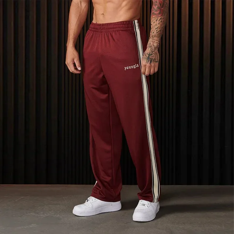 YOUNGLA American men's sweatpants webbing striped stitching embroidery casual pants gym sports straight pants 4