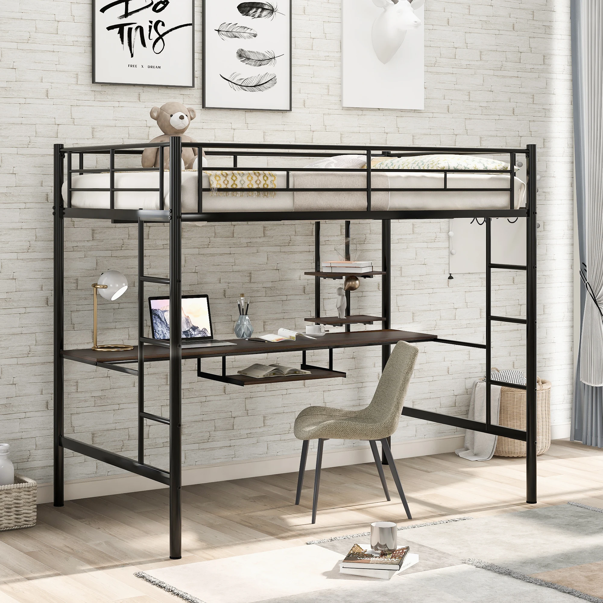 

Full Loft Bed with Desk and Shelf, Space Saving Design, Black