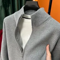Cardigan ouvert pour homme, couleur unie, fermeture éclair, tricoté, coupe ajustée, col montant semi-haut, vêtement d'extérieur 4