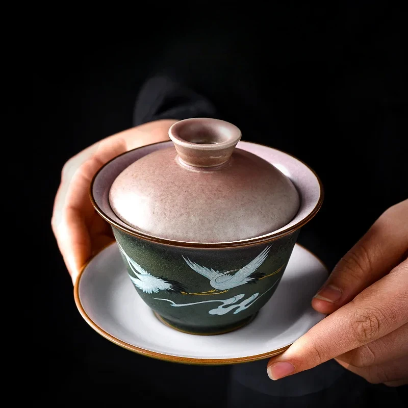 Retro Huancai Kiln Changing Crane Covered Bowl Creative Ceramic Household Tea Bowl Kung Fu Tea Set Bubble