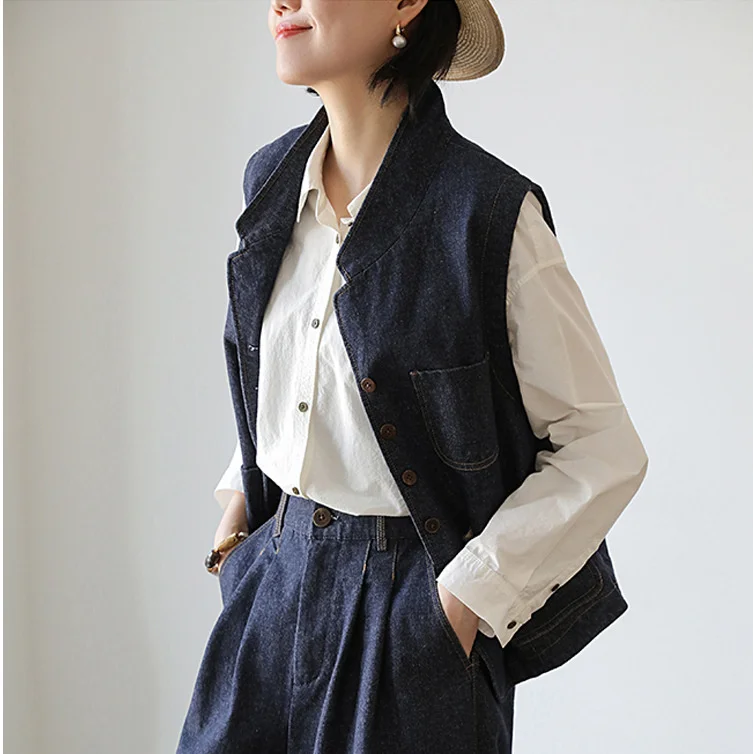 

2023 Spring and Autumn New Cotton Denim Blue Sleeveless Standing Collar Art Handsome Elegant Pocket Versatile Vest 0525