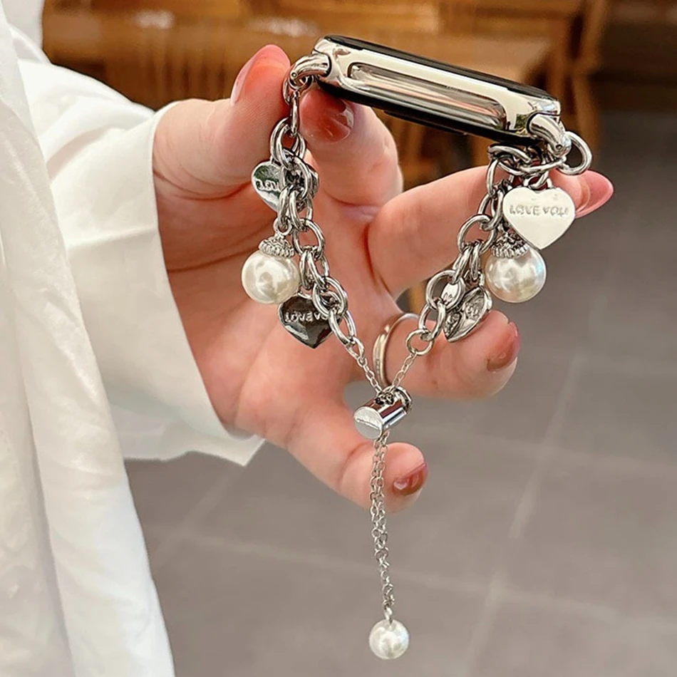 Luxury Love Heart Pearl Pendant Strap For Xiaomi Mi Band 10 9 8 7
