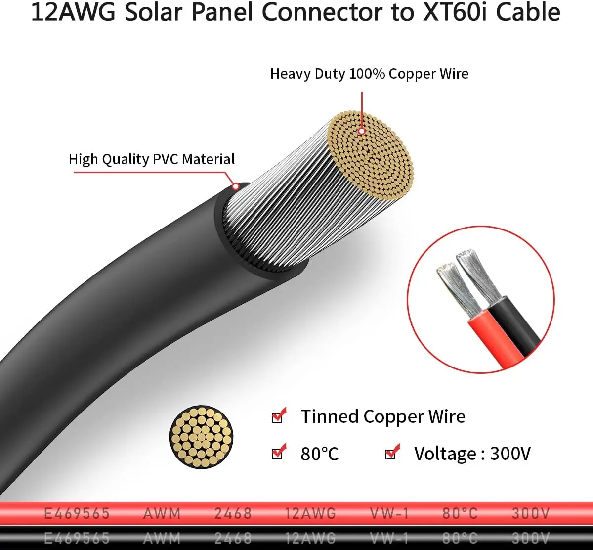 12AWG 2피트(60cm) 태양광-XT60i 케이블 2, 10, 25, 35, 50, 75, 100피트(30.5m) 태양광 커넥터-XT60i 어댑터 케이블 (휴대용 발전소용) (2피트)
