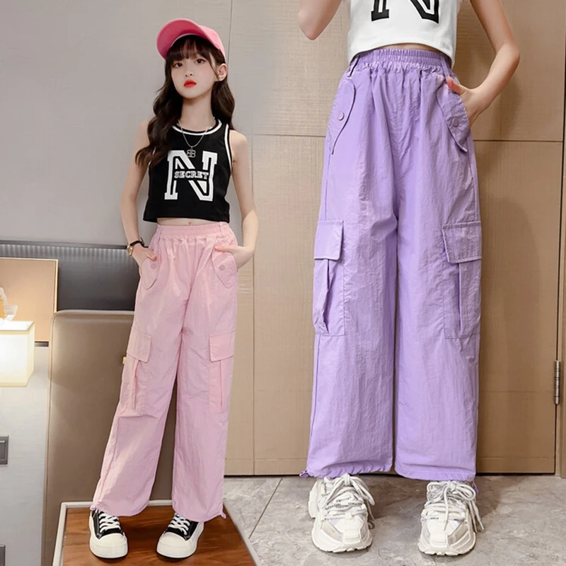 Teenage Girls Straight Cargo Pants with Four Pockets Summer Fashion Kids  Clothes High Waist Long Trousers 5 6 8 10 12 14 Years
