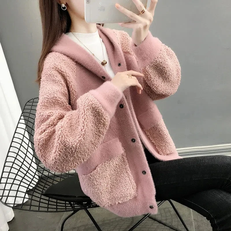 

Winter Coat Women lambswool Cardigan Sweater Hooded Loose Artificial Short Casual Jacket 2023 New Autumn Female Outerwear