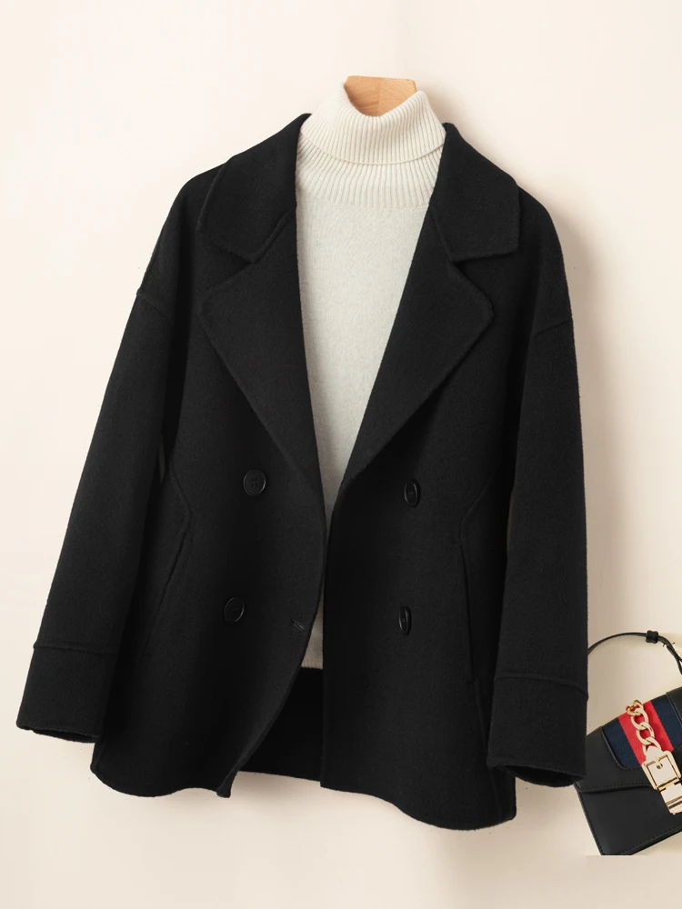 Autumn and Winter New 100% Pure Wool Double sided Coat Women's Medium Fit Suit Collar Fashion Trend Solid Color Coat Top