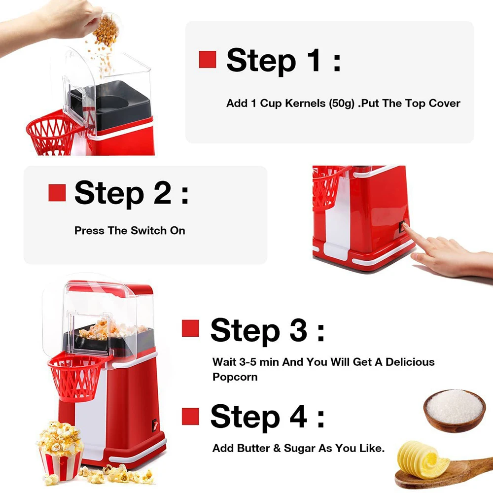 Mini Popcorn Machine Hot Air Popcorn Popper Maker Automatic Butter Snack Appliance for Home Kitchen Movie Christmas 220V 6