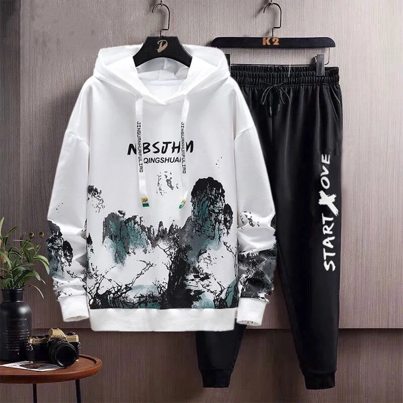 Autumn and Winter Fleece Hoodie Suit for Men Korean Version of the Trend Loose Casual Hooded Coat Corset Trousers Sports Suit