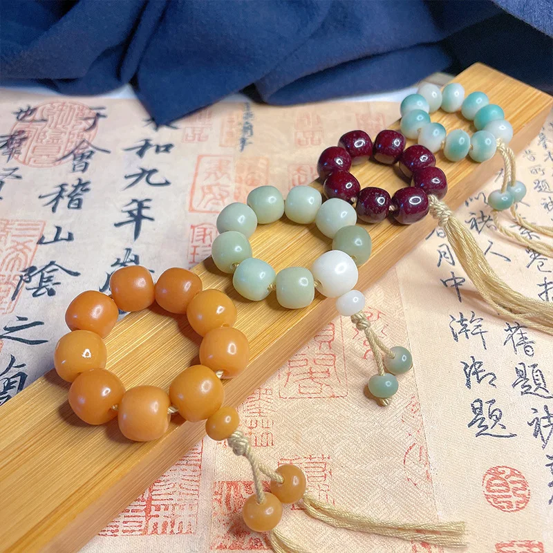 Natural White Jade Bodhi Root Small Hand Twist Seiko Star Moon Cinabro Design Jewelry Buddha Bead Bracciale Invia Regalo Fidanzata
