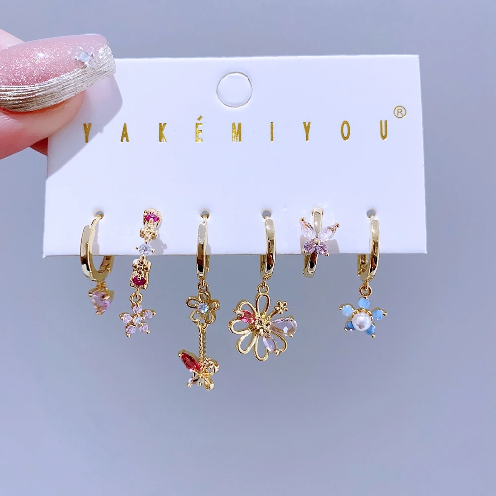 High End 6pcs/set Flower Butterfly Pendant Drop Earrings Gold Plated Cubic Zirconia Stone Women Jewelry 2