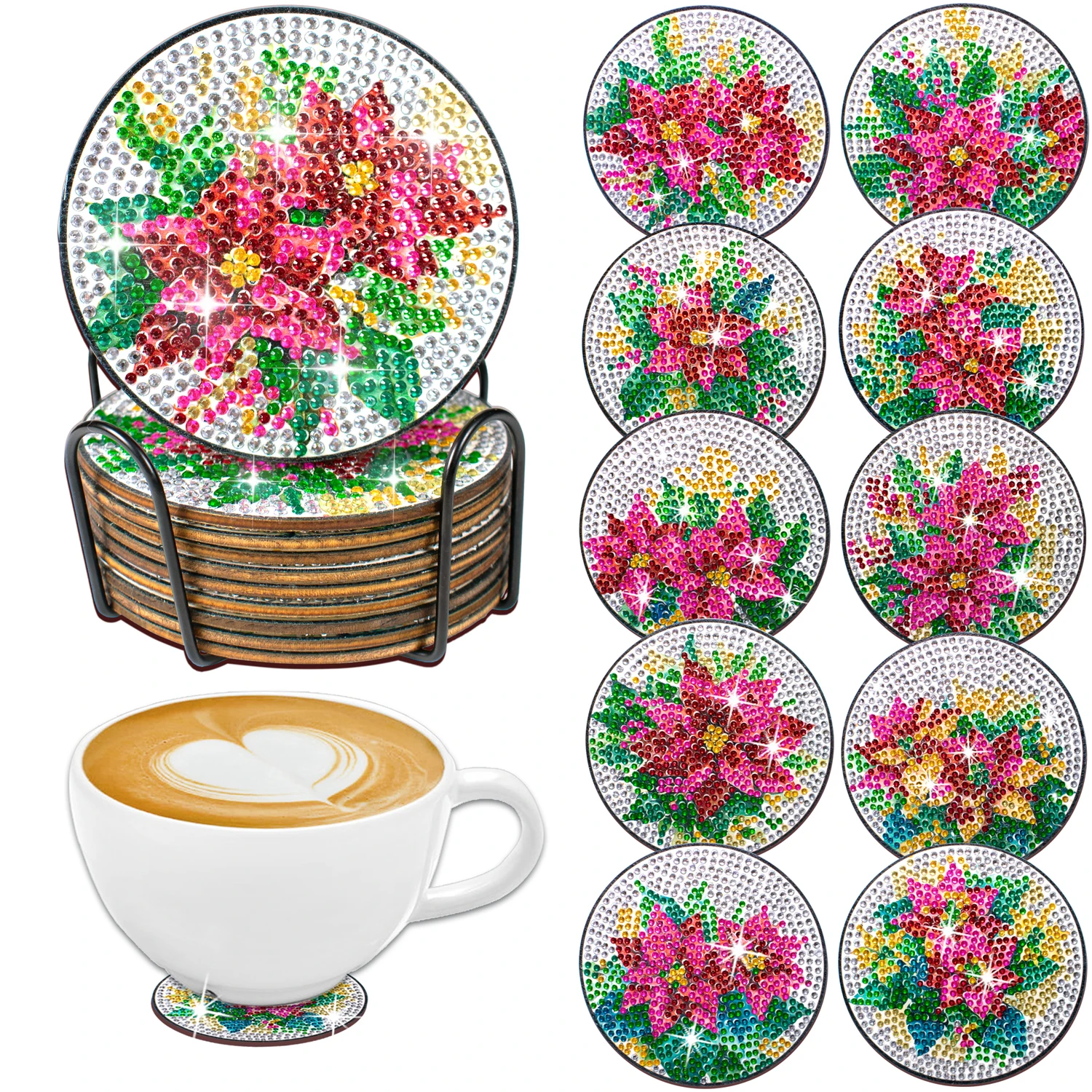

10pcs/Set DIY Flowers Diamond Painting Coasters with Holder Anti Slip Tablemat for Table Flowers Diamond Art Coasters for Adults