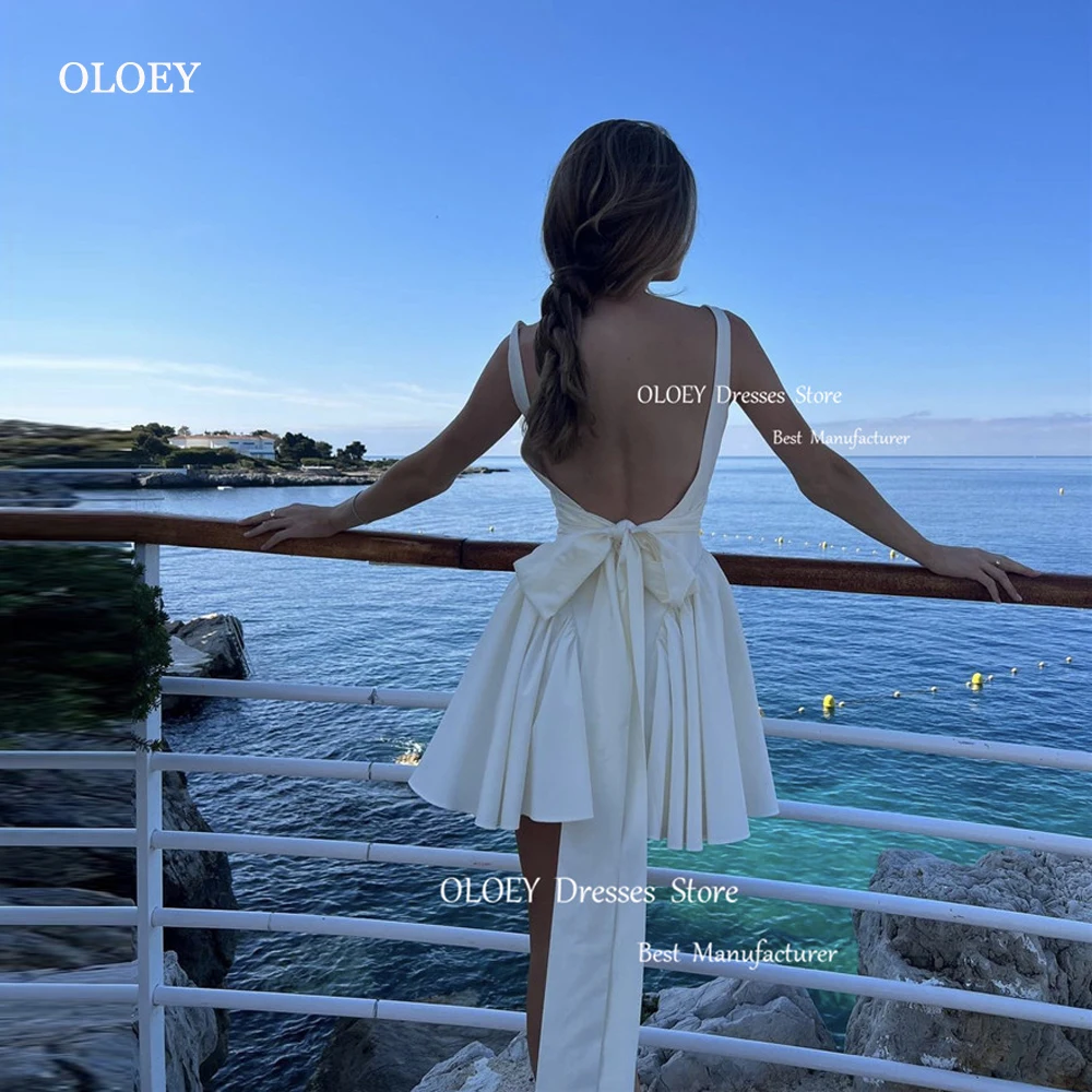 

OLOEY Sexy Backless Mini Wedding Party Dresses Straps Bow Back Soft Satin Short Bridal Gowns Prom Dress Beach Summer Gown